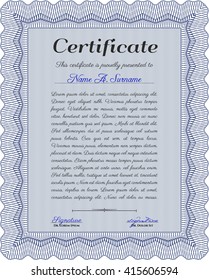 Diploma or certificate template. Complex background. Superior design. Vector pattern that is used in currency and diplomas.Blue color.