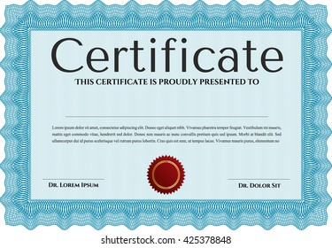 Diploma or certificate template. Complex background. Vector pattern that is used in currency and diplomas.Superior design. Light blue color.