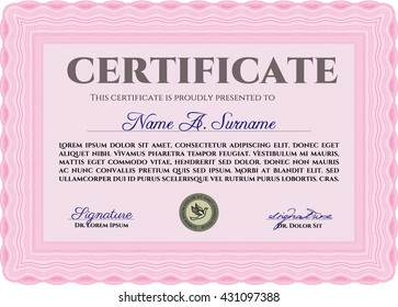 Diploma or certificate template. Complex background. Superior design. Vector pattern that is used in currency and diplomas.Pink color.