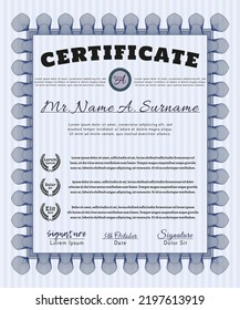 Diploma or certificate template.  Cordial design.  Easy to print.  Customizable, Easy to edit and change colors.  Blue color.