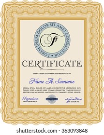 Diploma or certificate template. Detailed.With complex linear background. Artistry design. 