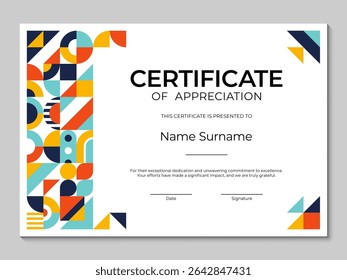 Diploma certificate template with geometric pattern and colors shapes, vector background. Certificate of appreciation and diploma award template with mosaic pattern of abstract geometric shapes