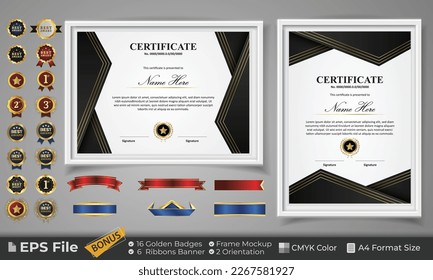 Diploma Certificate Template with Golden Badge, ribbon and frame mockup. Luxury and Clean modern certificate for award. Landscape and Portrait on A4 paper Size. EPS Vector template with CMYK Color