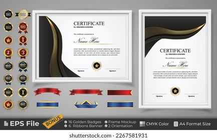 Diploma Certificate Template with Golden Badge, ribbon and frame mockup. Luxury and Clean modern certificate for award. Landscape and Portrait on A4 paper Size. EPS Vector template with CMYK Color