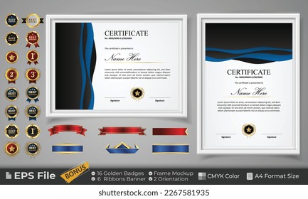 Diploma Certificate Template with Golden Badge, ribbon and frame mockup. Luxury and Clean modern certificate for award. Landscape and Portrait on A4 paper Size. EPS Vector template with CMYK Color