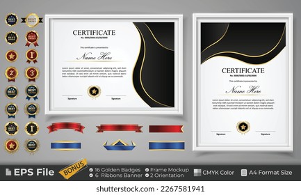 Diploma Certificate Template with Golden Badge, ribbon and frame mockup. Luxury and Clean modern certificate for award. Landscape and Portrait on A4 paper Size. EPS Vector template with CMYK Color