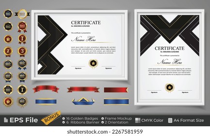 Diploma Certificate Template with Golden Badge, ribbon and frame mockup. Luxury and Clean modern certificate for award. Landscape and Portrait on A4 paper Size. EPS Vector template with CMYK Color