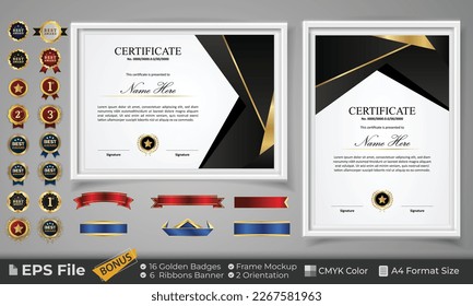 Diploma Certificate Template with Golden Badge, ribbon and frame mockup. Luxury and Clean modern certificate for award. Landscape and Portrait on A4 paper Size. EPS Vector template with CMYK Color