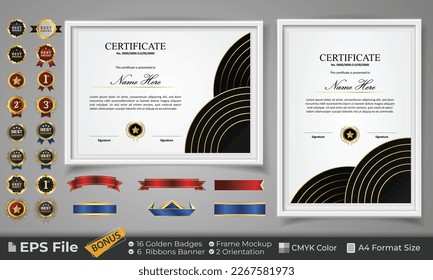 Diploma Certificate Template with Golden Badge, ribbon and frame mockup. Luxury and Clean modern certificate for award. Landscape and Portrait on A4 paper Size. EPS Vector template with CMYK Color