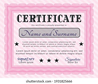 Diploma or certificate template.  Good design.  With complex linear background.  Vector illustration.  Pink color.