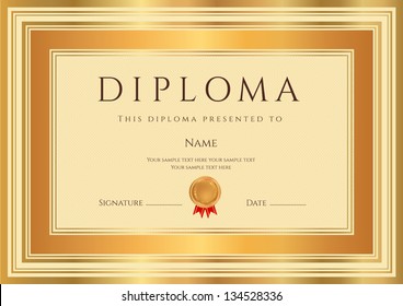 Diploma / Certificate Template With Guilloche Pattern, Bronze And Gold Border. Background Design Usable For Invitation, Gift Voucher, Coupon, Official Or Awards. Vector Of Third Place With Medal