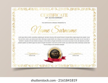 Plantilla de certificado de diploma. Documento horizontal que confirma la finalización de la universidad o de los cursos. Conocimientos, educación y capacitación, premio para jóvenes profesionales. Ilustración vectorial plana realista