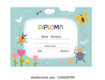 Diploma or certificate template for kids on colorful background with beetles and flowers for school, preschool or playschool. Vector illustration