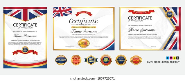 Plantilla de certificado de diploma con estilo de glamour y de lujo, o certificado con insignia de oro, o plantilla de certificado de diploma con tema de ola de bandera del Reino Unido . Modo cmyk vector eps, fácil de modificar