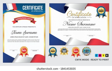 Diploma certificate template with luxury and glamour style, or certificate with gold badge, or Diploma certificate template with french flag wave theme . eps vector cmyk mode 