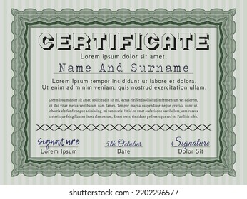 Diploma or certificate template.  Money Pattern design.  With guilloche pattern.  Vector illustration.  Green color.