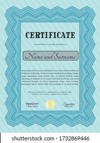 Diploma or certificate template.  Money style design.  With background.  Vector illustration.  Light blue color.