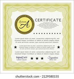 Diploma or certificate template.  Nice design.  With complex linear background.  Detailed.  Yellow color.
