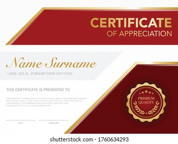 diploma certificate template red and gold color with luxury and modern style vector image, suitable for appreciation.  Vector illustration.