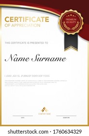 diploma certificate template red and gold color with luxury and modern style vector image, suitable for appreciation.  Vector illustration.