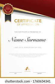 diploma certificate template red and gold color with luxury and modern style vector image, suitable for appreciation.  Vector illustration.