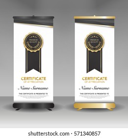 diploma certificate template roll up banner stand model, black and gold color with luxury and modern style vector image.