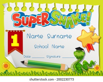 Diploma or certificate template for school kids with super snake cartoon character illustration