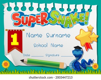 Diploma or certificate template for school kids with super snake cartoon character illustration