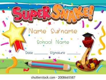 Diploma or certificate template for school kids with super snake illustration