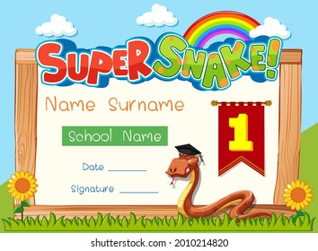 Diploma or certificate template for school kids with super snake cartoon character illustration