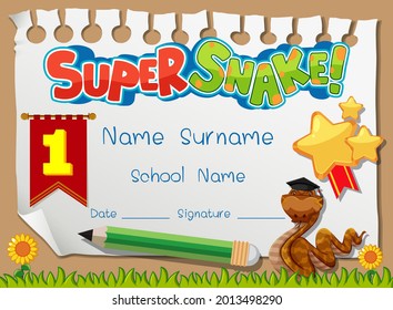 Diploma or certificate template for school kids with super snake cartoon character illustration