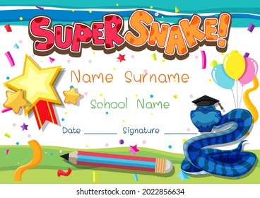 Diploma or certificate template for school kids with super snake cartoon character illustration