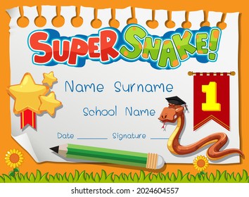 Diploma or certificate template for school kids with super snake illustration