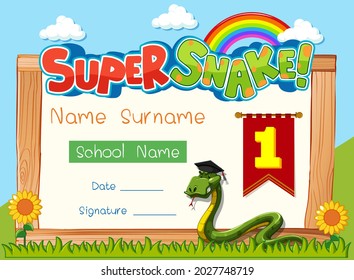 Diploma or certificate template for school kids with super snake cartoon character illustration