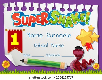 Diploma or certificate template for school kids with super snake cartoon character illustration