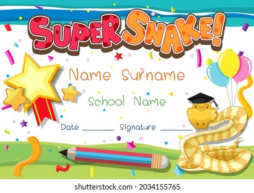 Diploma or certificate template for school kids with super snake illustration