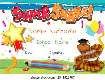 Diploma or certificate template for school kids with super snake cartoon character illustration