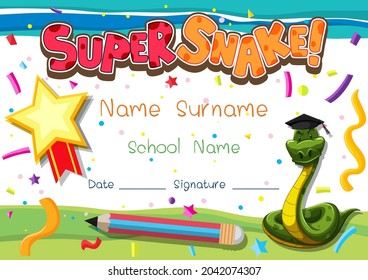 Diploma or certificate template for school kids with super snake cartoon character illustration