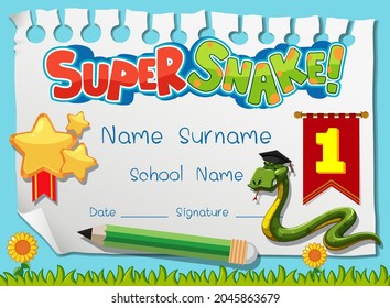 Diploma or certificate template for school kids with super snake cartoon character illustration