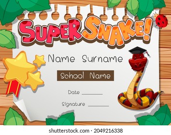 Diploma or certificate template for school kids with super snake cartoon character illustration