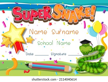 Diploma or certificate template for school kids with super snake illustration