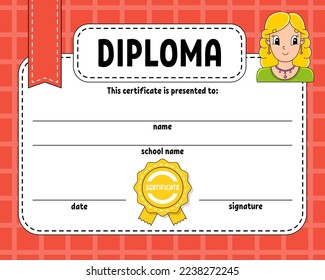 Diploma certificate template. For school and preschool. For kids and children. Vector illustration.