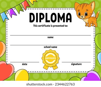 Diploma certificate template. For school and preschool. For kids and children. Vector illustration.