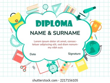 Diploma certificate template for school student and preschool for kids and children in kindergarten or primary grades with school pack, kit. Vector cartoon colorful flat illustration