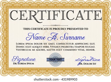 Diploma or certificate template. Superior design. Vector pattern that is used in currency and diplomas.Complex background. Orange color.