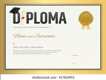 Diploma certificate template in vector with gold wax seal