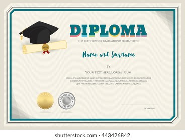 Diploma certificate template in vector with graduation cap, certificate and seal