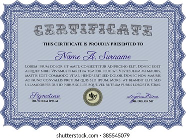 Diploma or certificate template. Vector illustration. With complex background. Lovely design. Blue color.