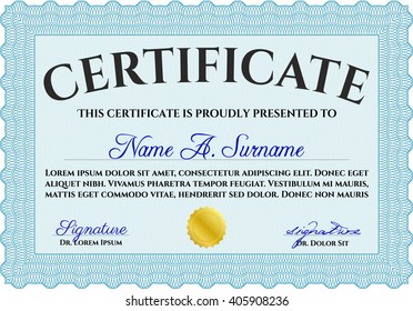 Diploma or certificate template. Vector illustration. Lovely design. With complex background. Light blue color.