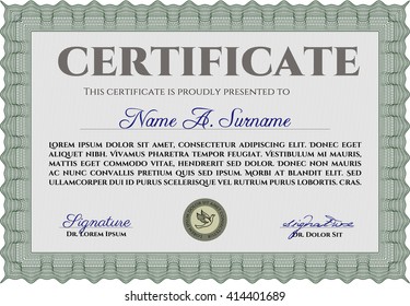 Diploma or certificate template. Vector illustration. Lovely design. With complex background. Green color.